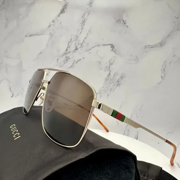 New GUCCI Sunglasses Gold Metal Square Aviator Pilot Red Green Web Logo Mens